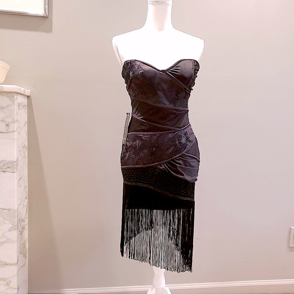 NWT BEBE Beaded Black Fringe Flapper Dress - Picture 3 of 13